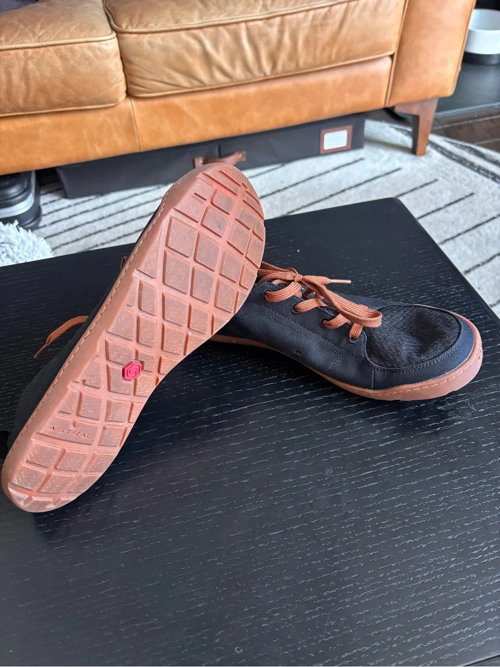 Astral Loyak’s.  Men's Black and cognac minimalist water shoes